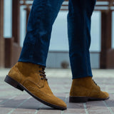 Styled Fit Perspective of Duster Brogues Derby Brown Suede Leather Boots - StudGuard on Model - Natural Daylight Drape
