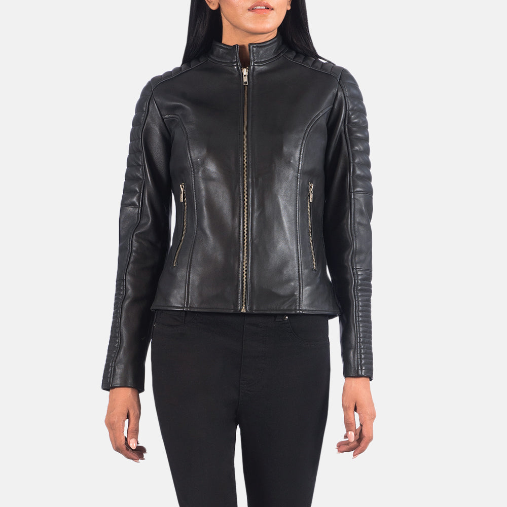 
Black Sheepskin Leather Biker Jacket - Back View Showing Tailored Shoulder Fit & Clean Hemline