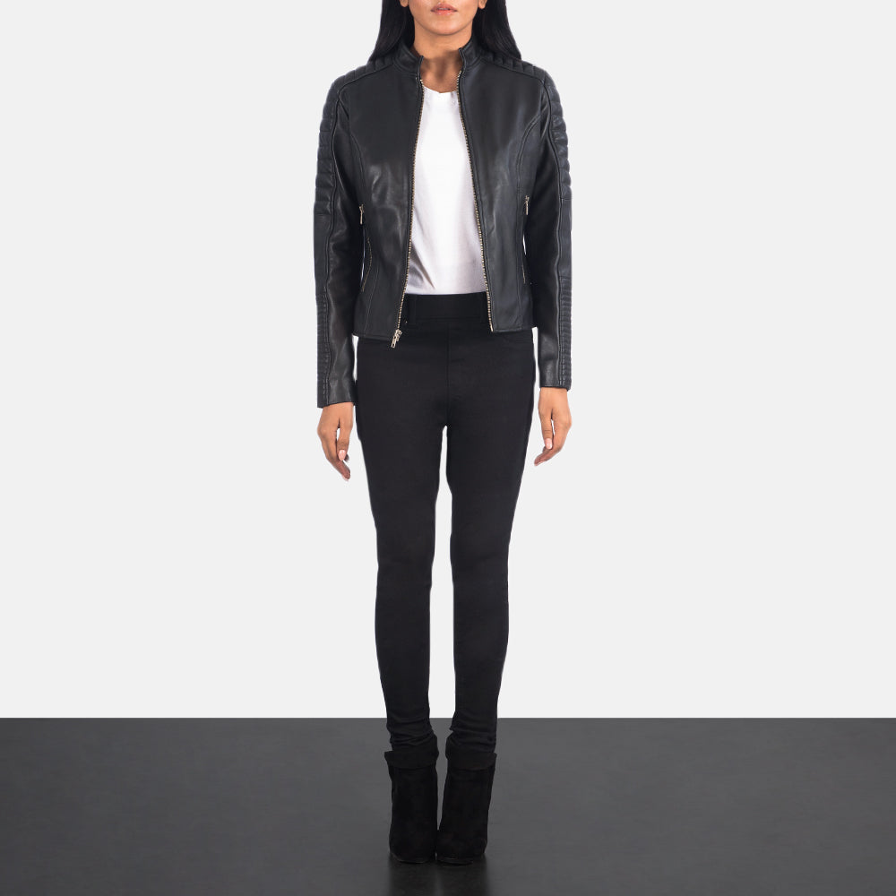 
Women's Adalyn Quilted Black Leather Biker Jacket - Lateral Side Profile View Showing Sleeve Cut & Athletic Taper Fit