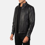 
Black Cowhide Leather Biker Jacket - Back View Showing Tailored Shoulder Fit & Clean Hemline