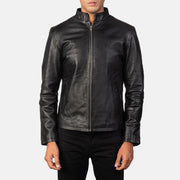 
Men's Alex Black Leather Biker Jacket - Lateral Side Profile View Showing Sleeve Cut & Athletic Taper Fit