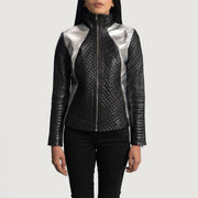 
Women's Alia Metallic Black Leather Biker Jacket - Lateral Side Profile View Showing Sleeve Cut & Athletic Taper Fit