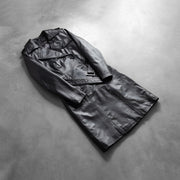 
Styled Fit Perspective of Women's Alice Black Double Breasted Leather Coat on Model - Natural Daylight Drape