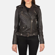 
Close-Up Detail of Notch & Zipper Hardware on Women's Alison Brown Leather Biker Jacket