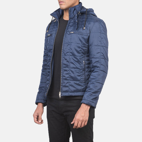 Blue Nylon Winter Jacket - Back View Showing Tailored Shoulder Fit & Clean Hemline