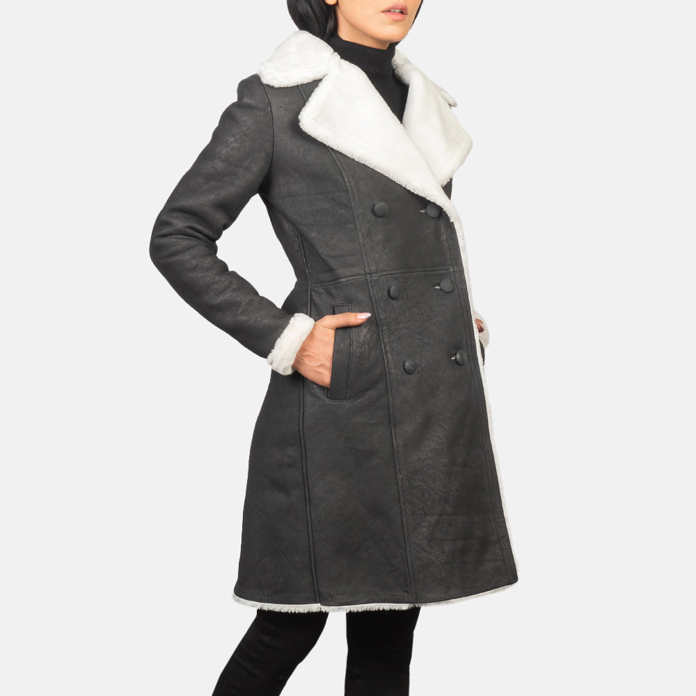 
Women's Amie Black Double Breasted Shearling Coat - Lateral Side Profile View Showing Sleeve Cut & Athletic Taper Fit
