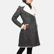
Women's Amie Black Double Breasted Shearling Coat - Lateral Side Profile View Showing Sleeve Cut & Athletic Taper Fit