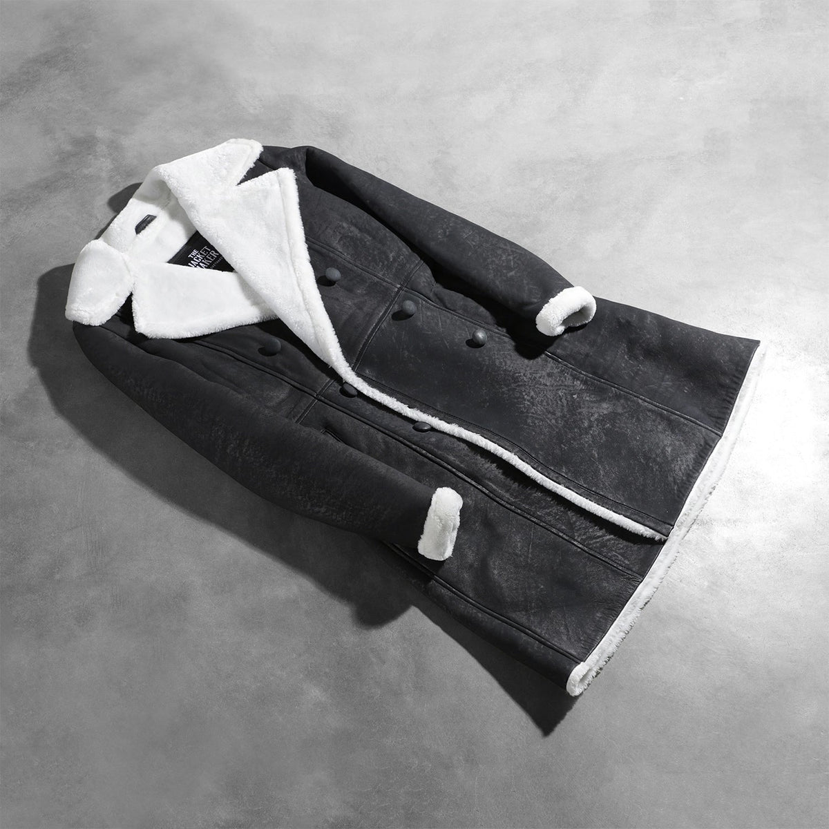 
Styled Fit Perspective of Women's Amie Black Double Breasted Shearling Coat on Model - Natural Daylight Drape