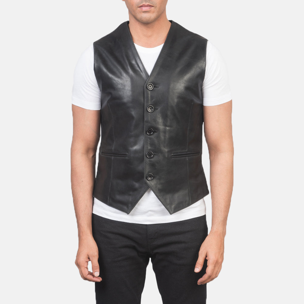 Close-Up Detail of Classic Collar &amp; 5 Button Hardware on Men's Auden Black Leather Vest