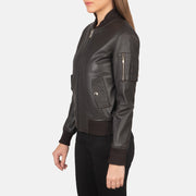
Brown Sheepskin Leather Bomber Jacket - Back View Showing Tailored Shoulder Fit & Clean Hemline