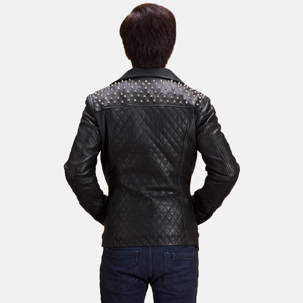 Close-Up Detail of Notch &amp; Zipper Hardware on Men's Black Studded Leather Biker Jacket