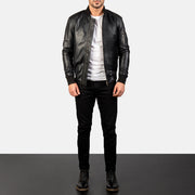 
Men's Bomia Ma-1 Black Leather Bomber Jacket - Lateral Side Profile View Showing Sleeve Cut & Athletic Taper Fit