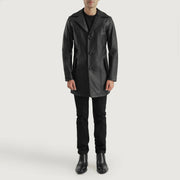 
Brawnton Black Leather Coat - Lateral Side Profile View Showing Sleeve Cut & Athletic Taper Fit