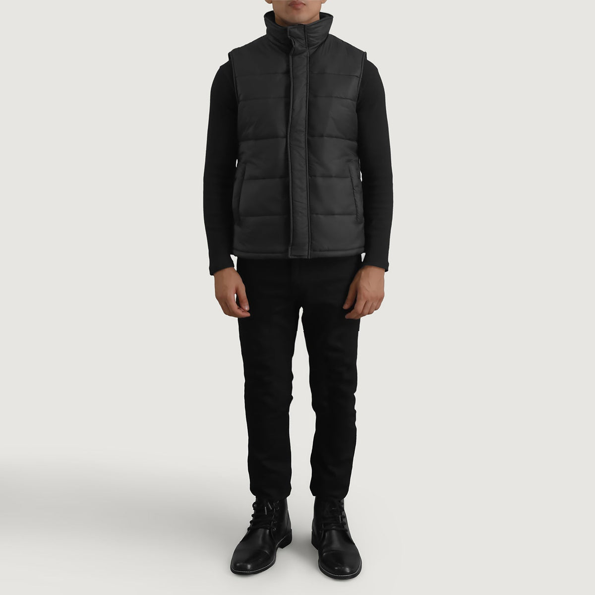 Bryan Black Puffer Vest - Lateral Side Profile View Showing Sleeve Cut &amp; Athletic Taper Fit