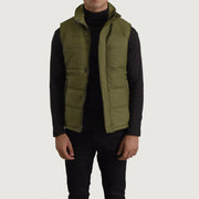 
Bryan Green Puffer Vest in Green Full-Grain Leather - Front Profile View & Tailored Silhouette | Buy Online