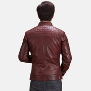 
Close-Up Detail of Band with Snap Button & Zipper Hardware on Burgunn Dee Maroon Leather Biker Jacket