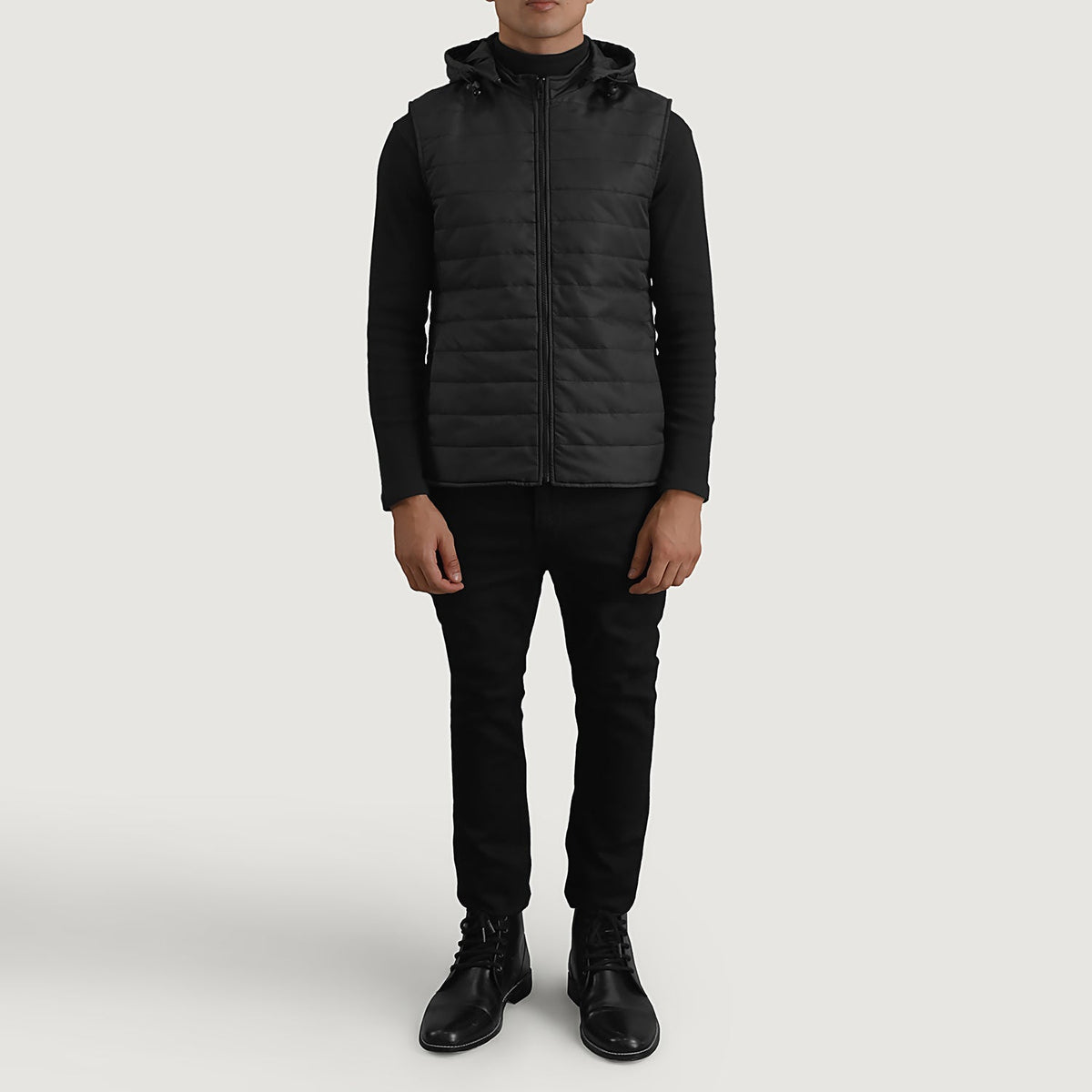 
Carlo Black Hooded Puffer Vest - Lateral Side Profile View Showing Sleeve Cut & Athletic Taper Fit
