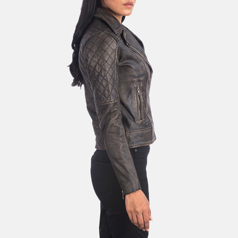 Carolyn Quilted Distressed Brown Leather Biker Jacket
