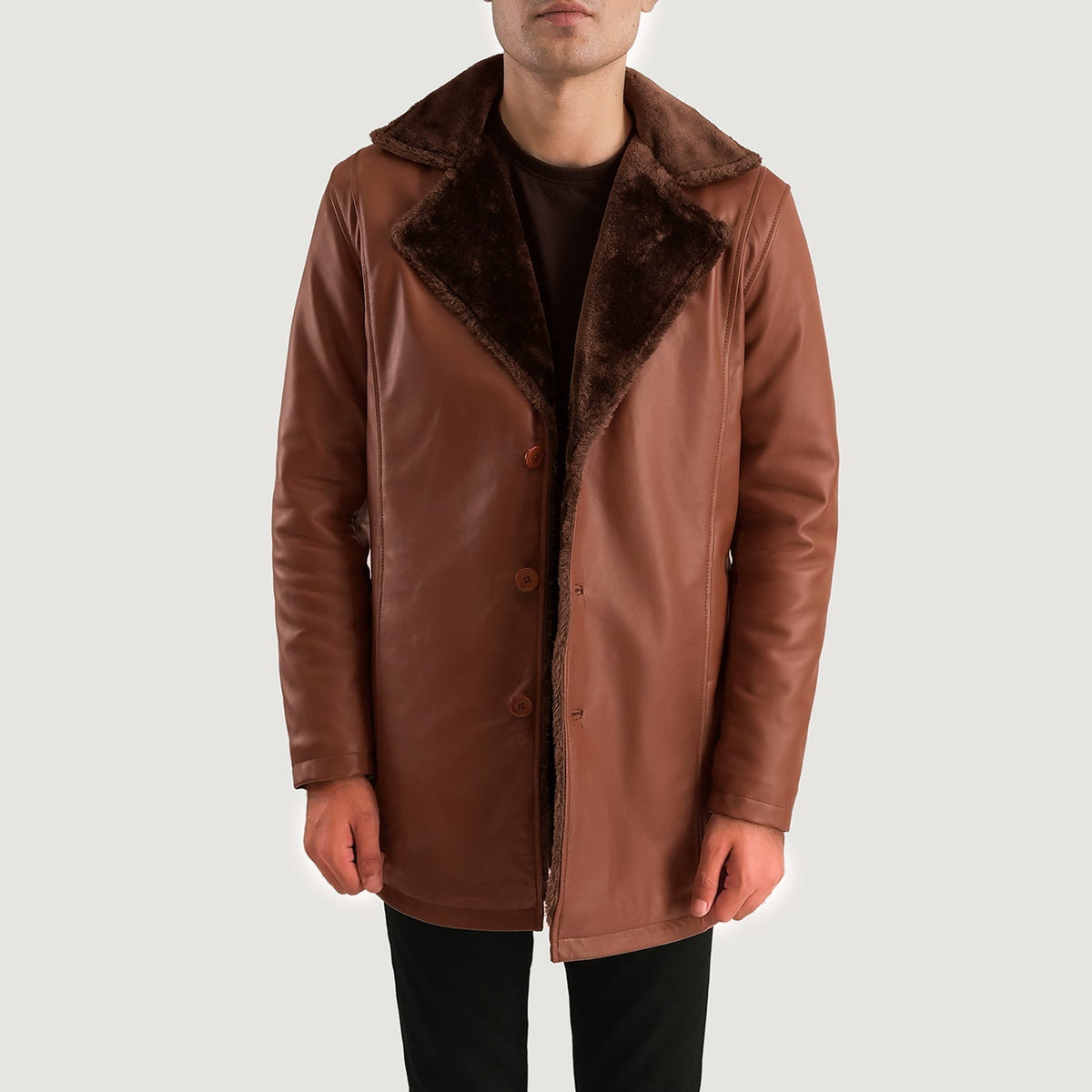 Close-Up Detail of Shirt &amp; Button Hardware on Men's Cinnamon Brown Leather Fur Coat