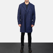 
Men's Blue Wool Double Breasted Coat in Navy Blue Synthetic Wool - Front Profile View & Tailored Silhouette | Buy Online