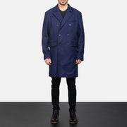 
Men's Blue Wool Double Breasted Coat - Lateral Side Profile View Showing Sleeve Cut & Athletic Taper Fit