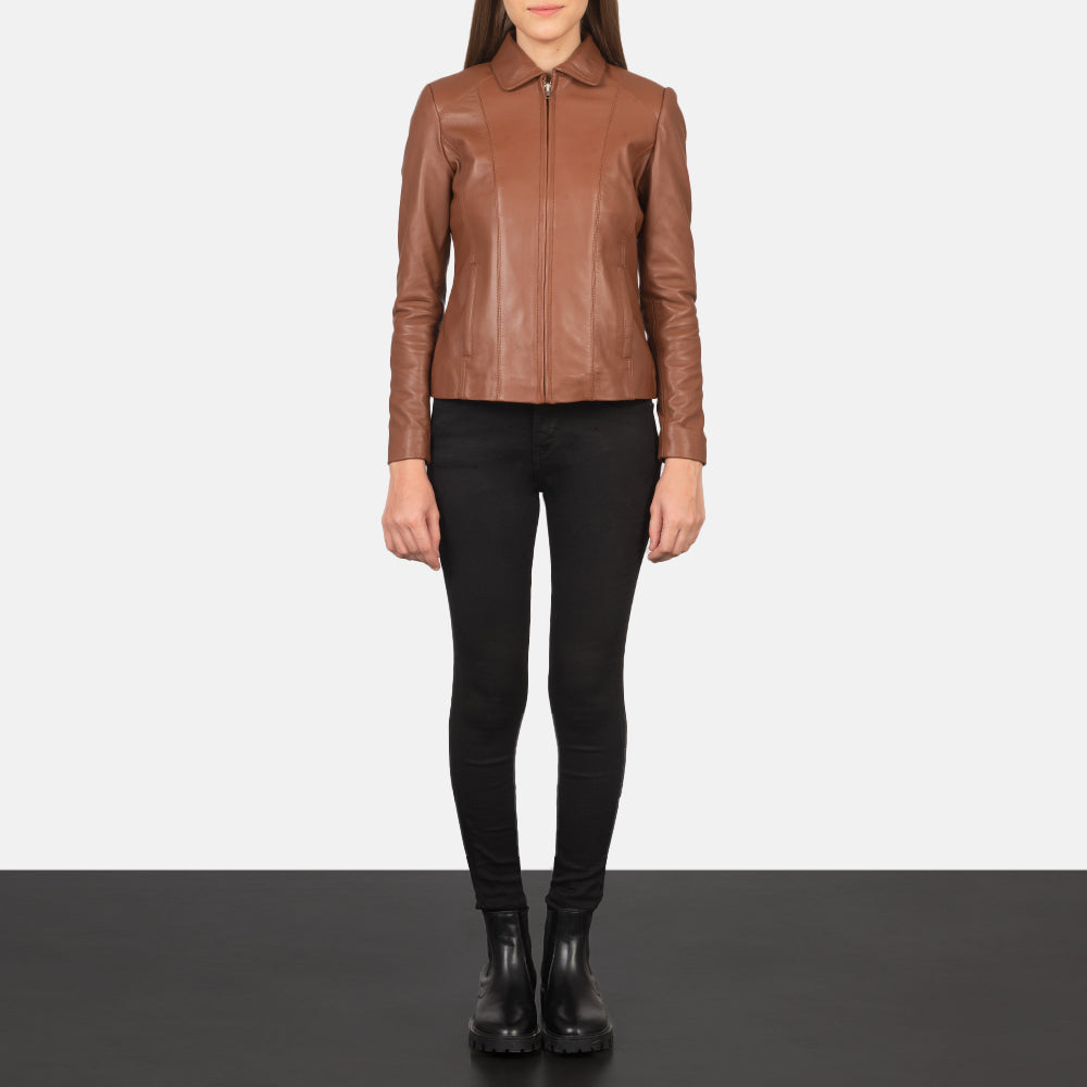 
Women Colette Brown Leather Jacket - Lateral Side Profile View Showing Sleeve Cut & Athletic Taper Fit
