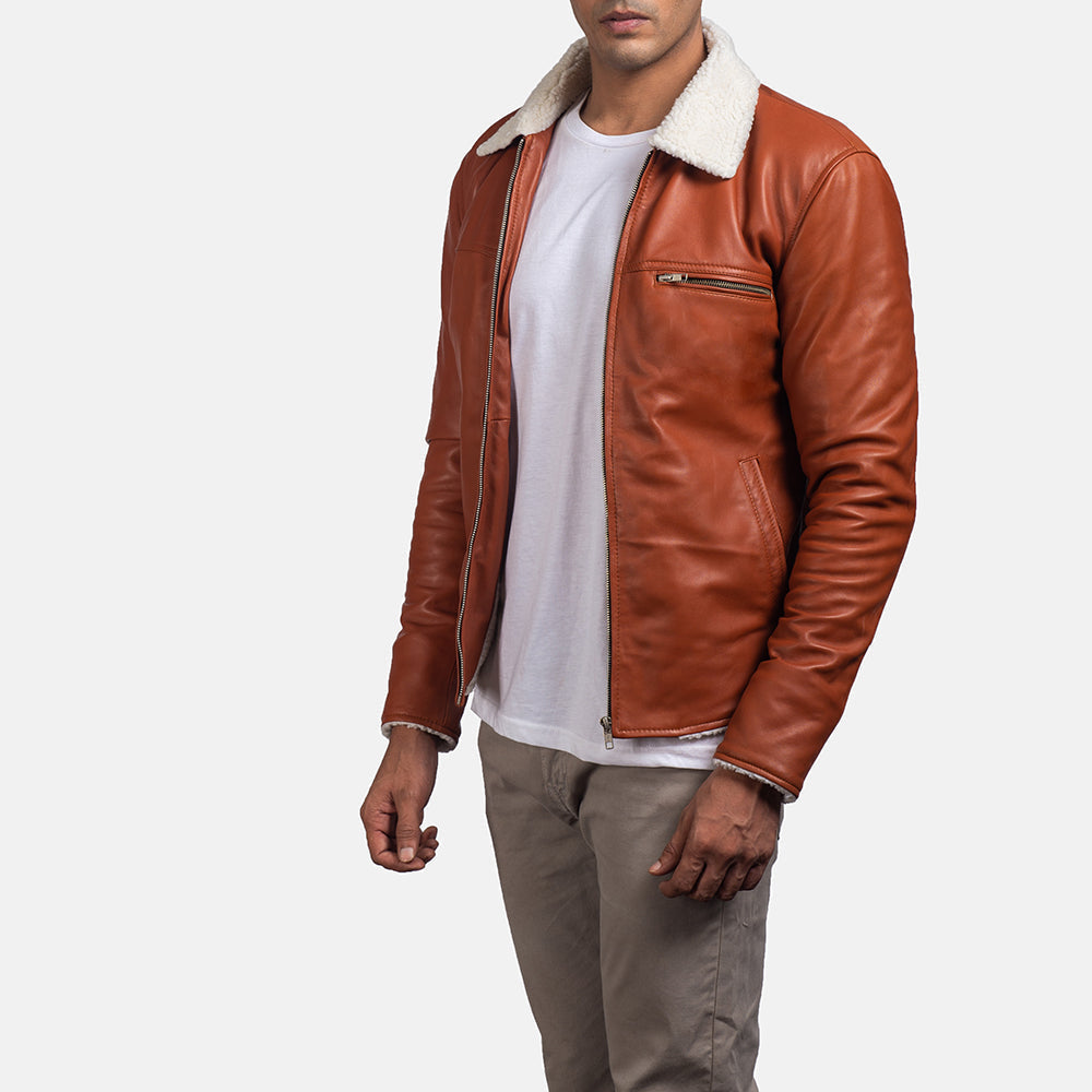 Brown Sheepskin Leather Aviator Jacket - Back View Showing Tailored Shoulder Fit &amp; Clean Hemline