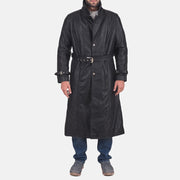 
Men's Daniel Black Leather Trench Coat in Black Cowhide Leather - Front Profile View & Tailored Silhouette | Buy Online