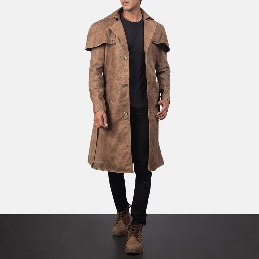 
Men's Deux Brown Leather Duster in Distressed Brown Semi-Aniline Snuffed - Front Profile View & Tailored Silhouette | Buy Online