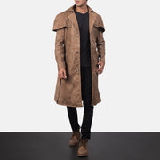 
Men's Deux Brown Leather Duster in Distressed Brown Semi-Aniline Snuffed - Front Profile View & Tailored Silhouette | Buy Online