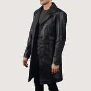 Black Cowhide leather Coat - Back View Showing Tailored Shoulder Fit &amp; Clean Hemline