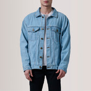 
Eddie Light Blue Oversized Denim Trucker Jacket For Men in Light Blue Full-Grain Leather - Front Profile View & Tailored Silhouette | Buy Online