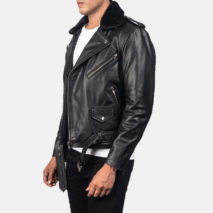 Black Cowhide Leather Biker Jacket - Back View Showing Tailored Shoulder Fit & Clean Hemline