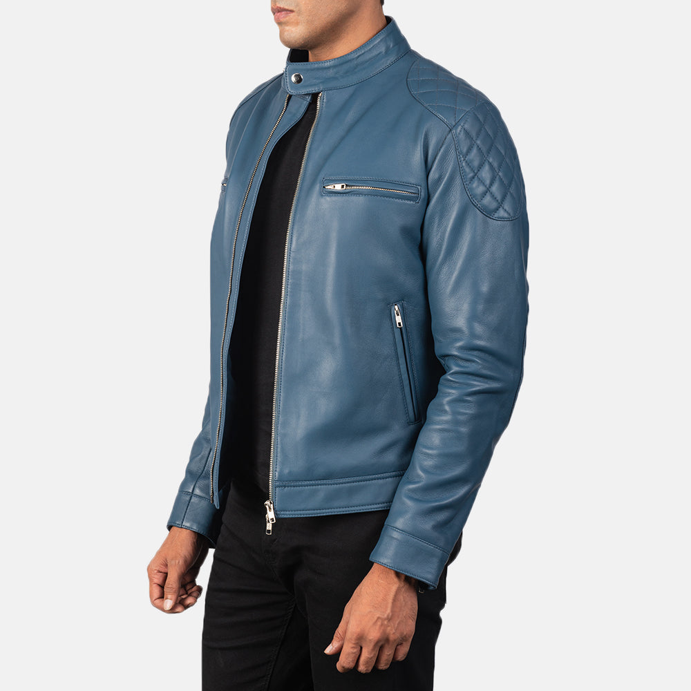 
Blue Sheepskin Leather Biker Jacket - Back View Showing Tailored Shoulder Fit & Clean Hemline