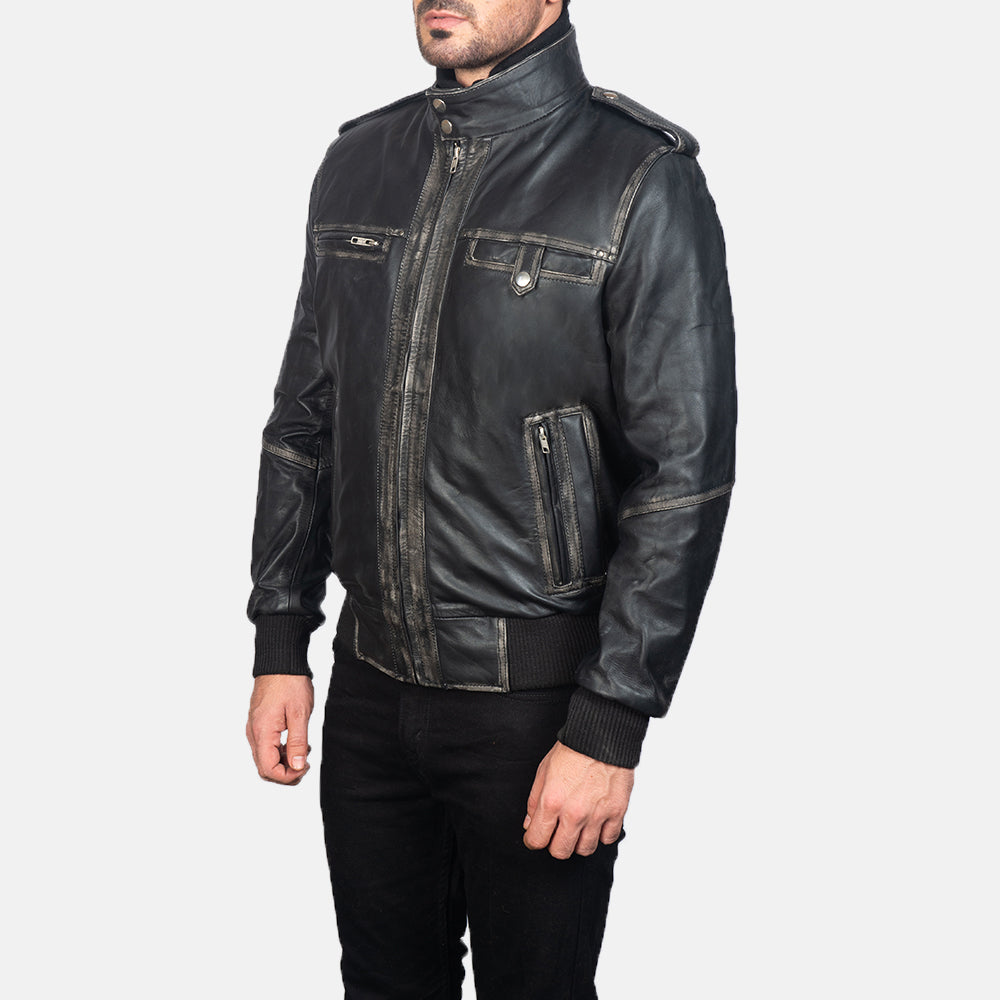 
Black Cowhide Leather Bomber Jacket - Back View Showing Tailored Shoulder Fit & Clean Hemline