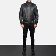 
Close-Up Detail of High neck & Zipper Hardware on Glen Street Black Leather Bomber Jacket