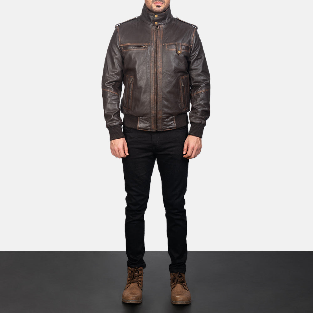 
Men's Street Brown Leather Bomber Jacket - Lateral Side Profile View Showing Sleeve Cut & Athletic Taper Fit
