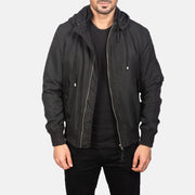 
Men's Hanklin Ma-1 Black Hooded Bomber Jacket in Black Polyester - Front Profile View & Tailored Silhouette | Buy Online