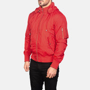 
Red Nylon Bomber Jacket - Back View Showing Tailored Shoulder Fit & Clean Hemline