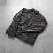 Zipper &amp; Hem Craftsmanship Construction Detail on Men's Ionic Black Leather Jacket