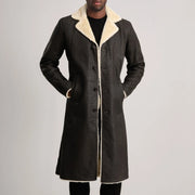 Close-Up Detail of Notch & Button Hardware on Kolby Tumbled Brown Shearling Long Coat