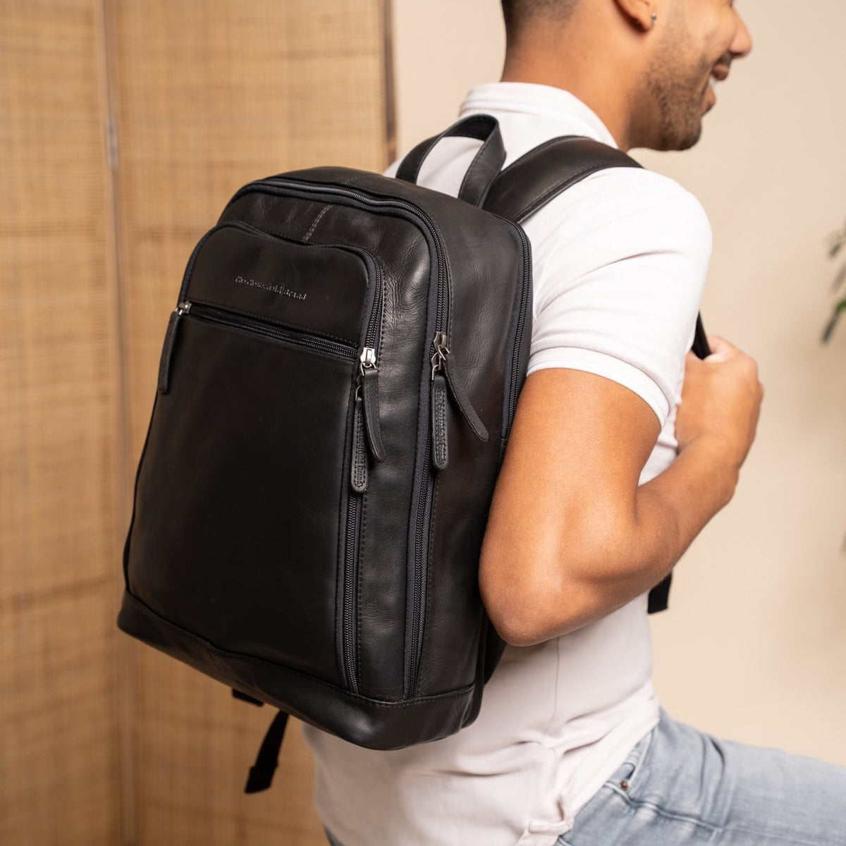 
Classic 100% Full-Grain leather Backpack - Rear Perspective Showing Reinforced Leather Straps & Stitching