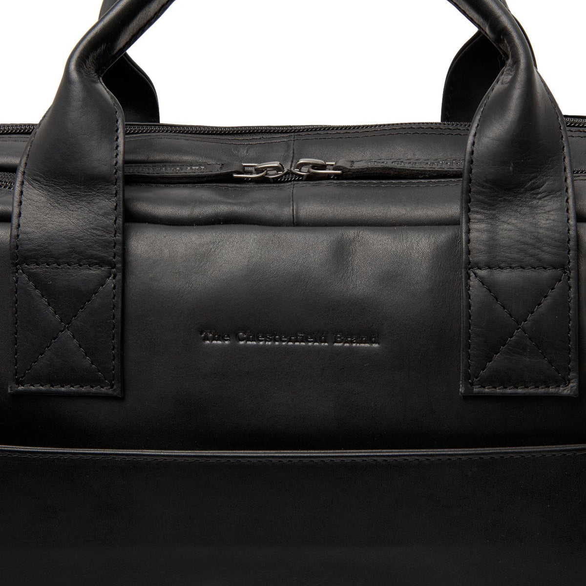 
Solid Antique Brass Hardware & Heavy-Duty Dual Zipper Detail on Frazer Full-Grain Leather Laptop Bag