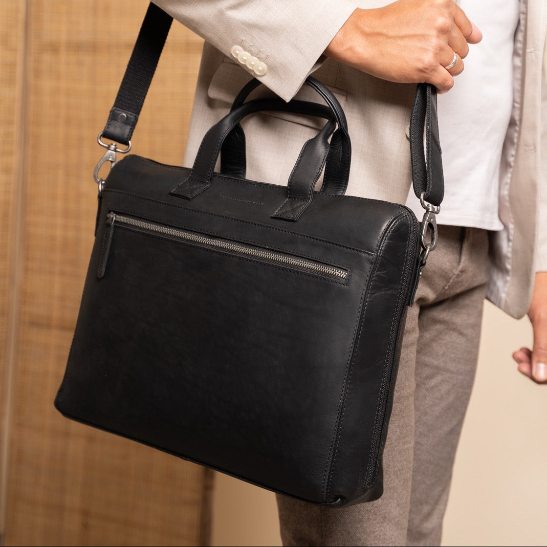 
Classic 100% Full-Grain leather Briefcase - Rear Perspective Showing Reinforced Leather Straps & Stitching