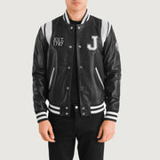 
Liberte New Jersey Black Leather Varsity Jacket in Black & White Sheepskin Leather - Front Profile View & Tailored Silhouette | Buy Online