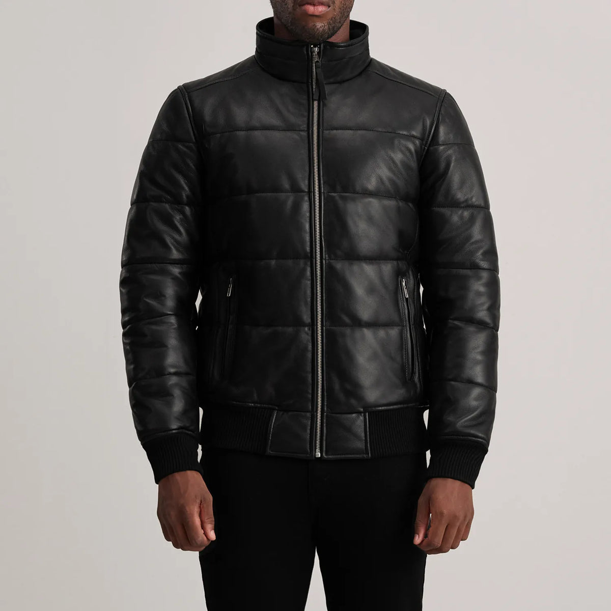Close-Up Detail of High neck &amp; Zipper Hardware on Lucas Blue Leather Puffer Bomber Jacket