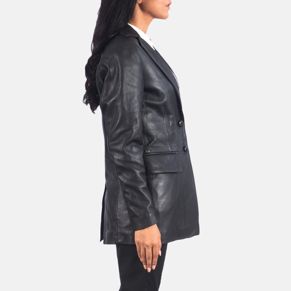 
Styled Fit Perspective of Women's Marilyn Tan Brown Leather Blazer on Model - Natural Daylight Drape