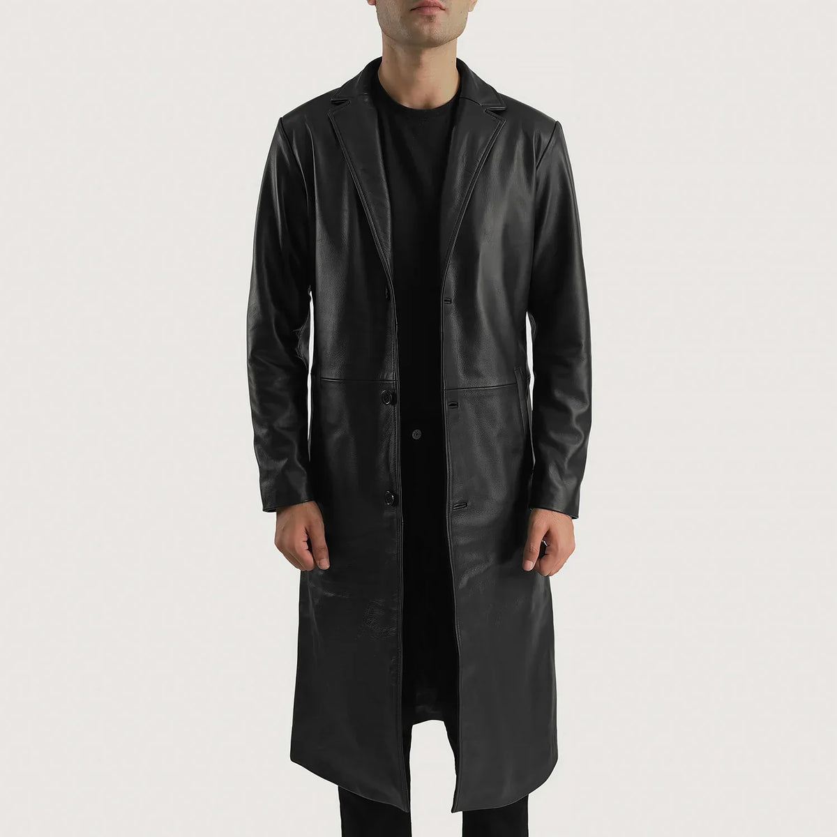
Mateo Black Leather Single Breasted Coat in Black Cowhide Leather - Front Profile View & Tailored Silhouette | Buy Online