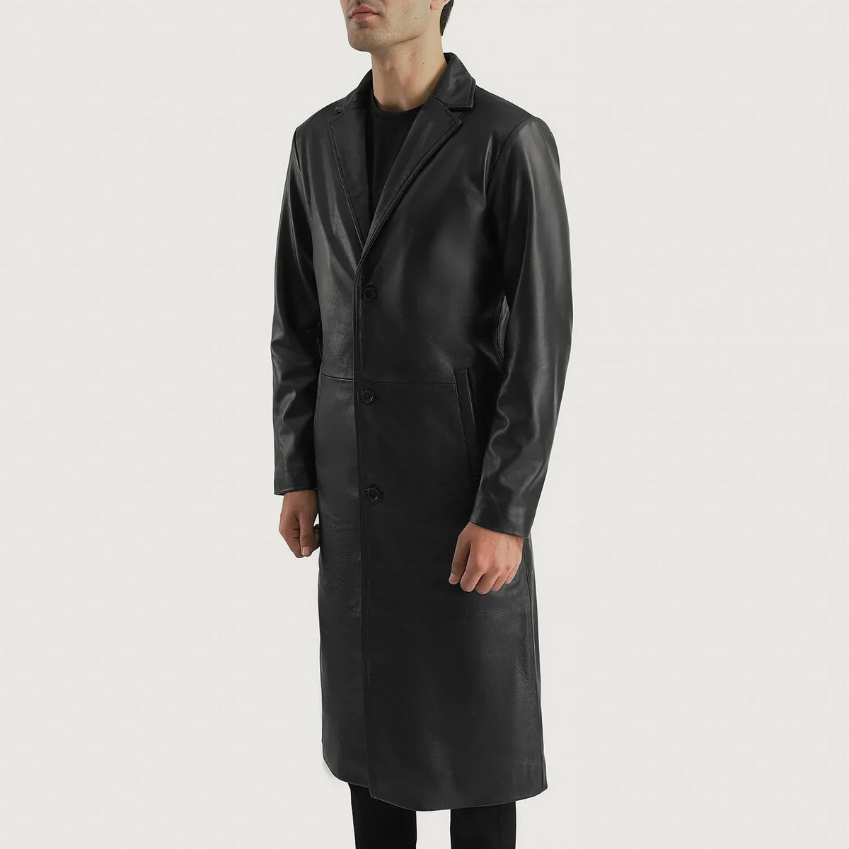 
Black Cowhide Leather Winter Jacket - Back View Showing Tailored Shoulder Fit & Clean Hemline