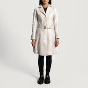 
Close-Up Detail of Notch & Button Hardware on Women's Moonlight Silver Leather Trench Coat